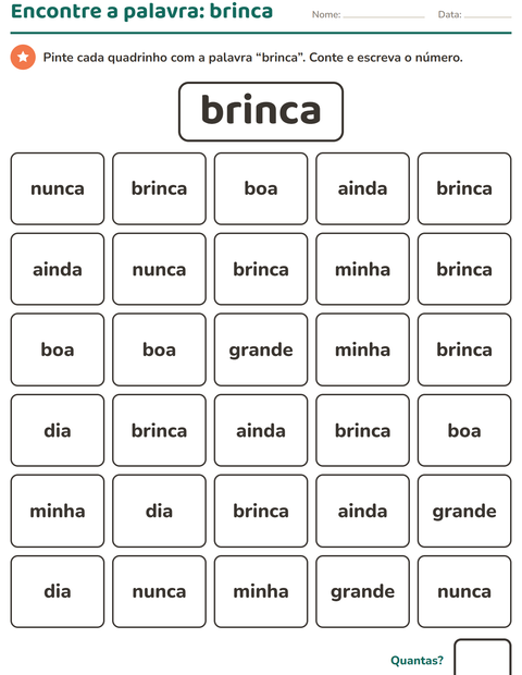 Pré-visualização da ficha de Palavras frequentes para Educação infantil (pré-escola, 5-7 anos)