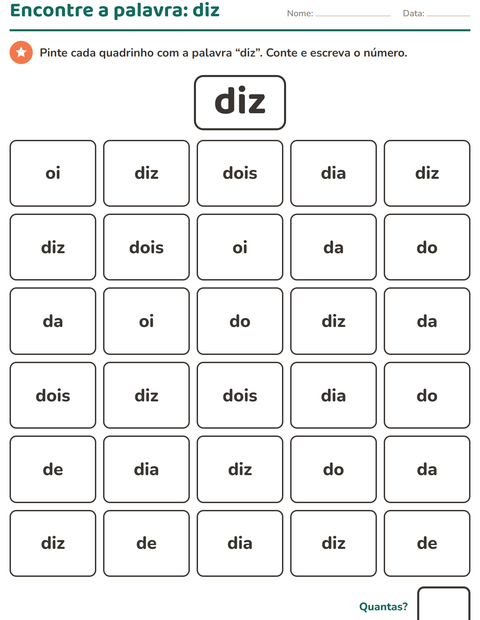 Pré-visualização da ficha de Palavras frequentes para Educação infantil (pré-escola, 5-7 anos)
