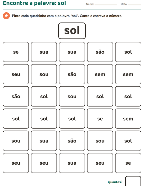 Pré-visualização da ficha de Palavras frequentes para Educação infantil (pré-escola, 5-7 anos)