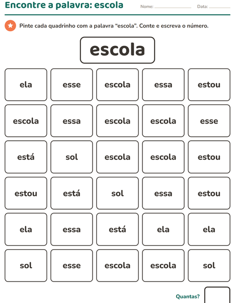 Pré-visualização da ficha de Palavras frequentes para Educação infantil (pré-escola, 5-7 anos)