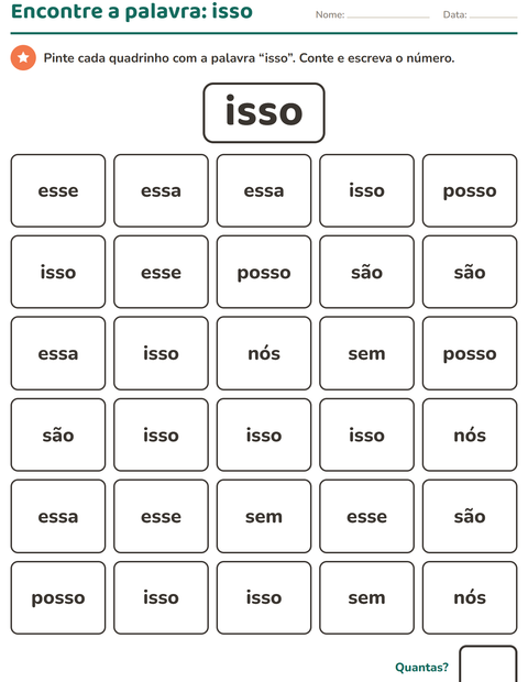 Pré-visualização da ficha de Palavras frequentes para Educação infantil (pré-escola, 5-7 anos)