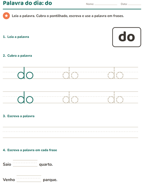 Pré-visualização da ficha de Palavras frequentes para Educação infantil (pré-escola, 5-7 anos)