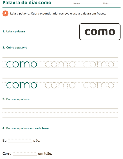 Pré-visualização da ficha de Palavras frequentes para Educação infantil (pré-escola, 5-7 anos)