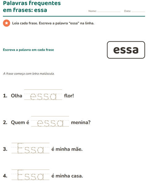 Pré-visualização da ficha de Palavras frequentes para Educação infantil (pré-escola, 5-7 anos)
