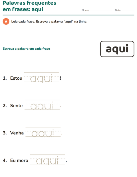 Pré-visualização da ficha de Palavras frequentes para Educação infantil (pré-escola, 5-7 anos)