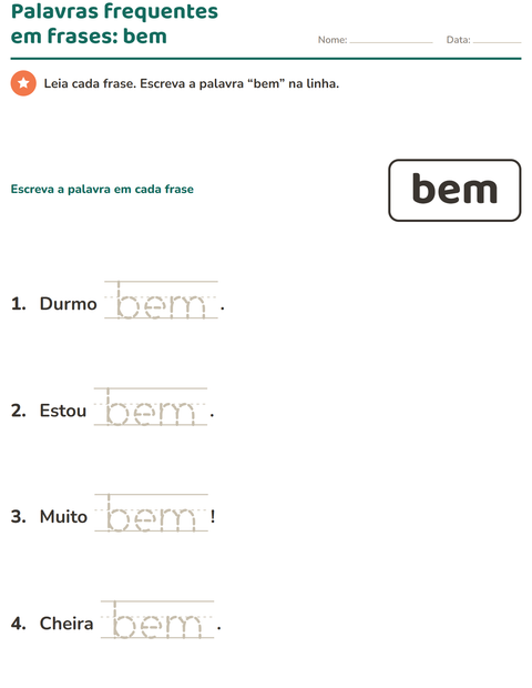 Pré-visualização da ficha de Palavras frequentes para Educação infantil (pré-escola, 5-7 anos)