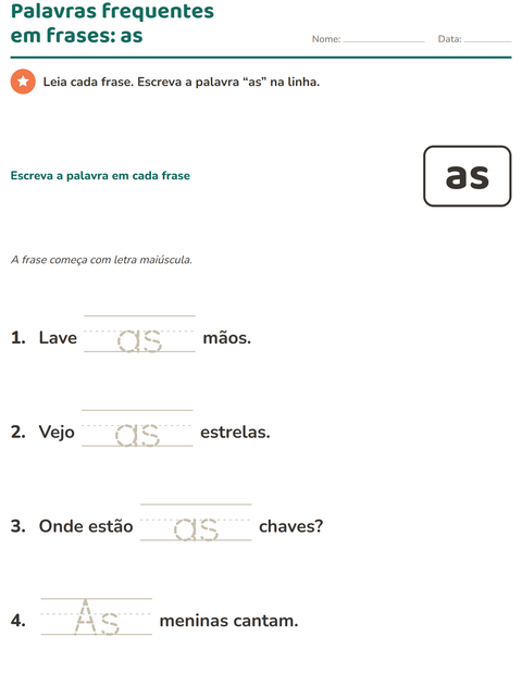 Pré-visualização da ficha de Palavras frequentes para Educação infantil (pré-escola, 5-7 anos)