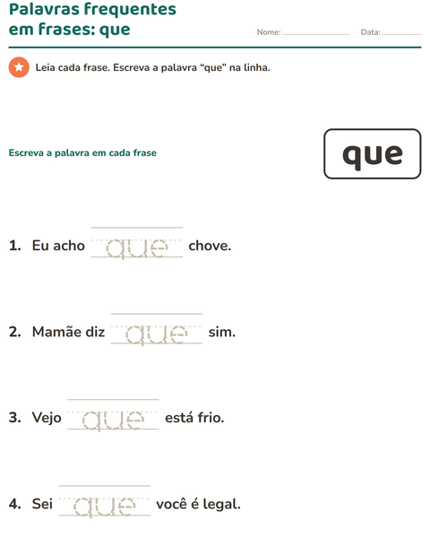 Pré-visualização da ficha de Palavras frequentes para Educação infantil (pré-escola, 5-7 anos)