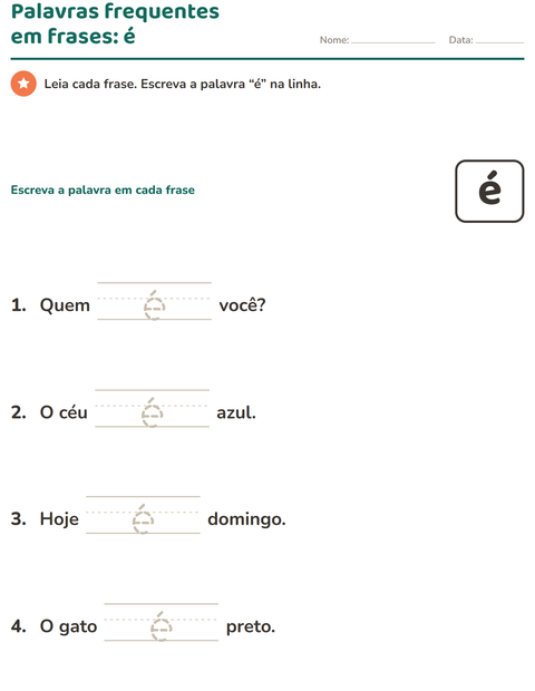 Pré-visualização da ficha de Palavras frequentes para Educação infantil (pré-escola, 5-7 anos)