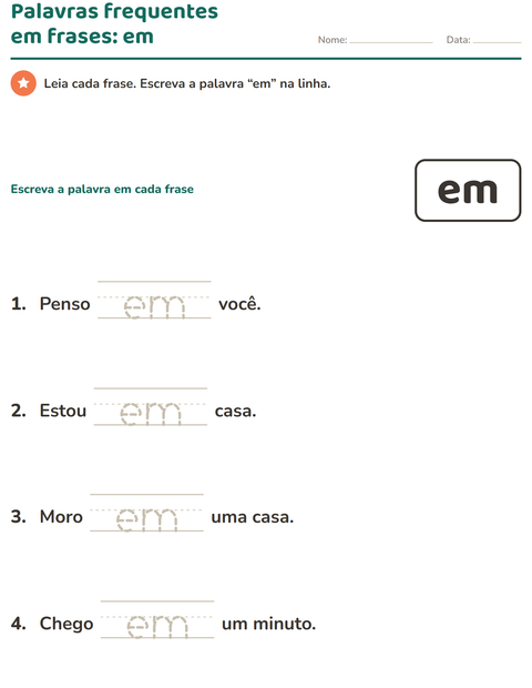 Pré-visualização da ficha de Palavras frequentes para Educação infantil (pré-escola, 5-7 anos)