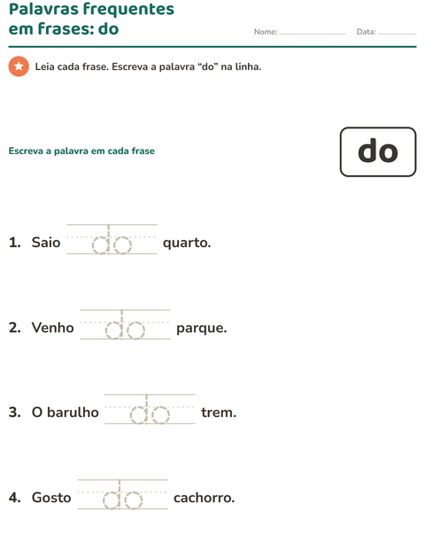 Pré-visualização da ficha de Palavras frequentes para Educação infantil (pré-escola, 5-7 anos)