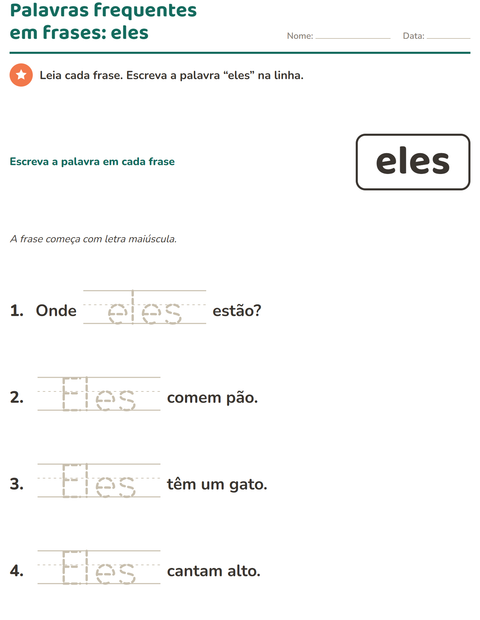 Pré-visualização da ficha de Palavras frequentes para Educação infantil (pré-escola, 5-7 anos)