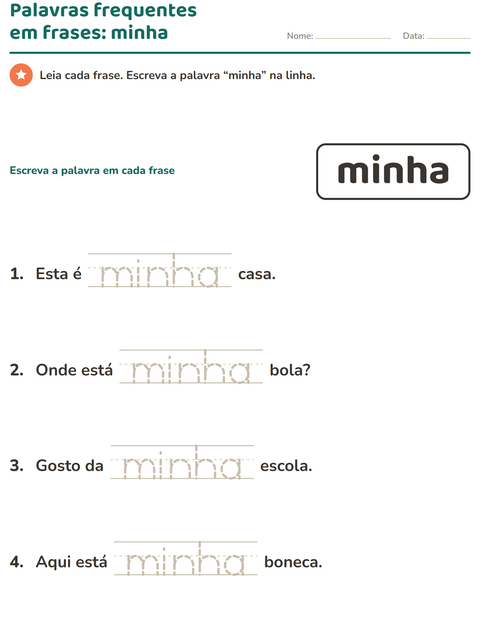 Pré-visualização da ficha de Palavras frequentes para Educação infantil (pré-escola, 5-7 anos)