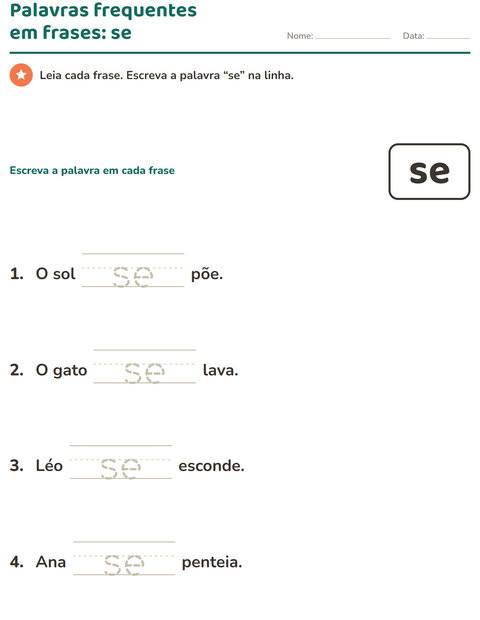 Pré-visualização da ficha de Palavras frequentes para Educação infantil (pré-escola, 5-7 anos)