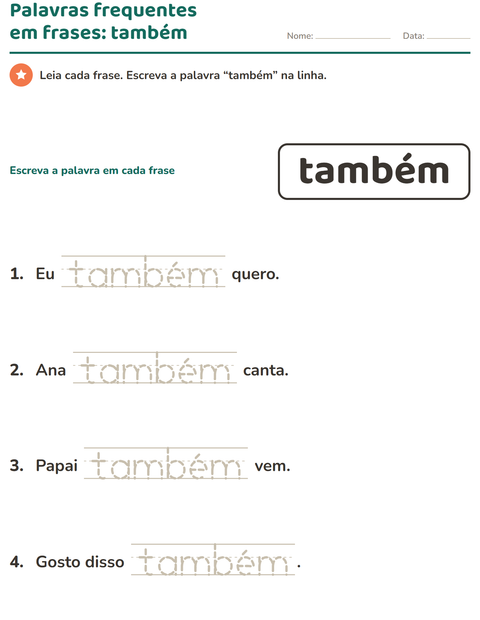 Pré-visualização da ficha de Palavras frequentes para Educação infantil (pré-escola, 5-7 anos)