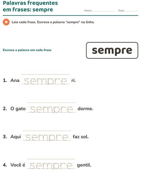 Pré-visualização da ficha de Palavras frequentes para Educação infantil (pré-escola, 5-7 anos)