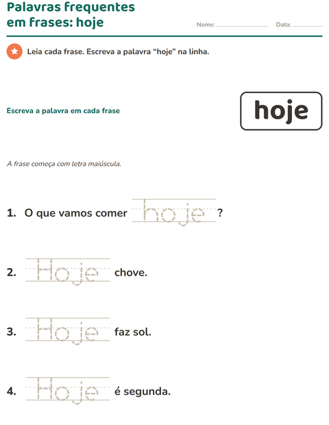 Pré-visualização da ficha de Palavras frequentes para Educação infantil (pré-escola, 5-7 anos)