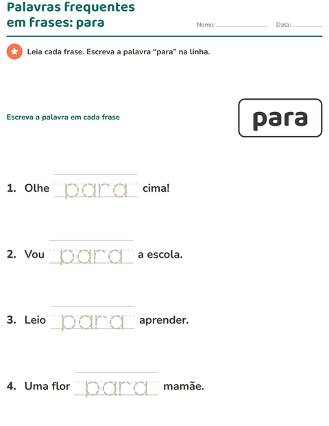 Pré-visualização da ficha de Palavras frequentes para Educação infantil (pré-escola, 5-7 anos)