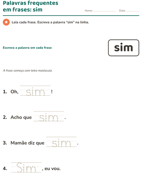 Pré-visualização da ficha de Palavras frequentes para Educação infantil (pré-escola, 5-7 anos)