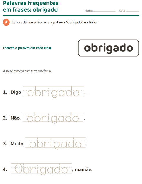 Pré-visualização da ficha de Palavras frequentes para Educação infantil (pré-escola, 5-7 anos)
