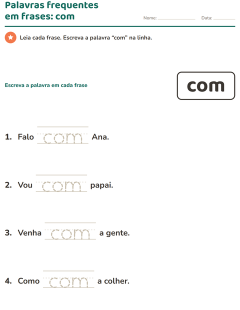 Pré-visualização da ficha de Palavras frequentes para Educação infantil (pré-escola, 5-7 anos)