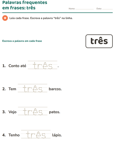 Pré-visualização da ficha de Palavras frequentes para Educação infantil (pré-escola, 5-7 anos)