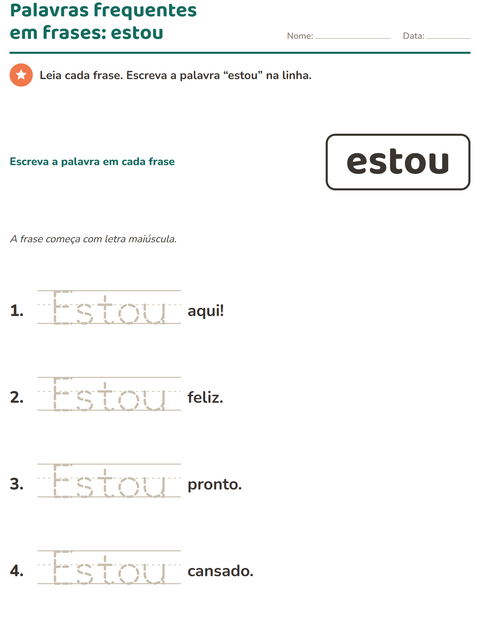 Pré-visualização da ficha de Palavras frequentes para Educação infantil (pré-escola, 5-7 anos)