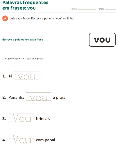 Pré-visualização da ficha de Palavras frequentes para Educação infantil (pré-escola, 5-7 anos)
