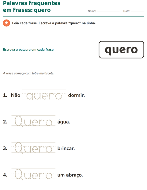 Pré-visualização da ficha de Palavras frequentes para Educação infantil (pré-escola, 5-7 anos)
