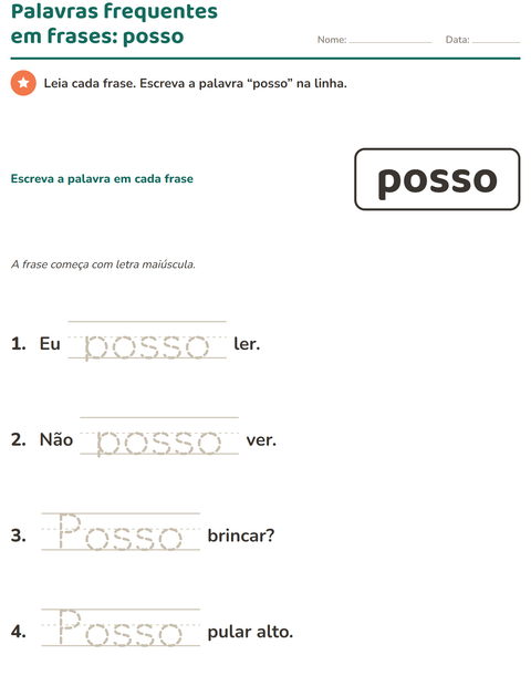 Pré-visualização da ficha de Palavras frequentes para Educação infantil (pré-escola, 5-7 anos)