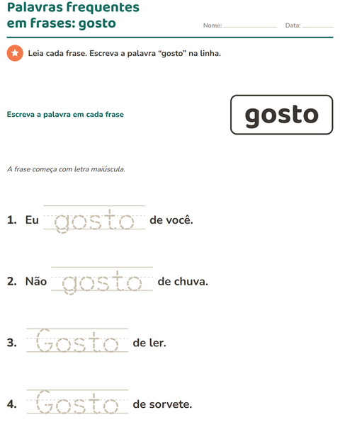 Pré-visualização da ficha de Palavras frequentes para Educação infantil (pré-escola, 5-7 anos)