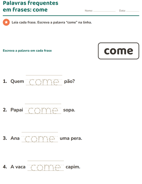 Pré-visualização da ficha de Palavras frequentes para Educação infantil (pré-escola, 5-7 anos)