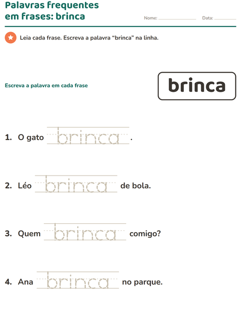 Pré-visualização da ficha de Palavras frequentes para Educação infantil (pré-escola, 5-7 anos)