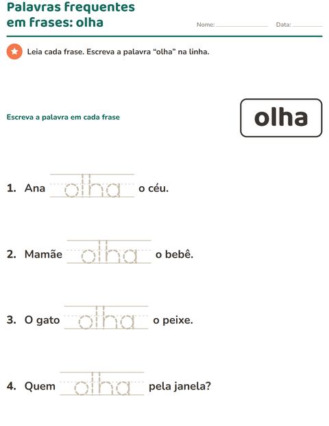 Pré-visualização da ficha de Palavras frequentes para Educação infantil (pré-escola, 5-7 anos)
