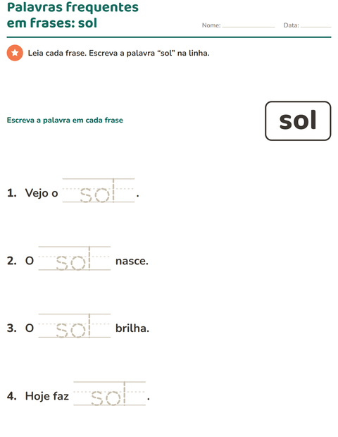 Pré-visualização da ficha de Palavras frequentes para Educação infantil (pré-escola, 5-7 anos)