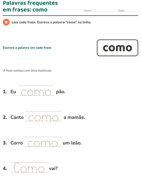 Pré-visualização da ficha de Palavras frequentes para Educação infantil (pré-escola, 5-7 anos)