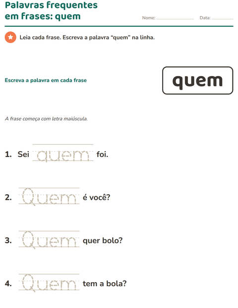 Pré-visualização da ficha de Palavras frequentes para Educação infantil (pré-escola, 5-7 anos)