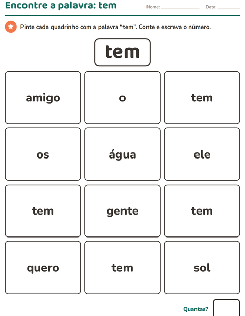 Pré-visualização da ficha de Palavras frequentes para Educação infantil (pré-escola, 5-7 anos)