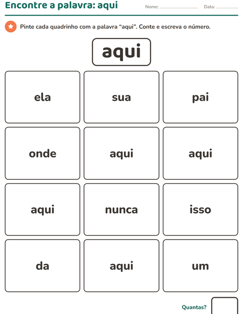 Pré-visualização da ficha de Palavras frequentes para Educação infantil (pré-escola, 5-7 anos)