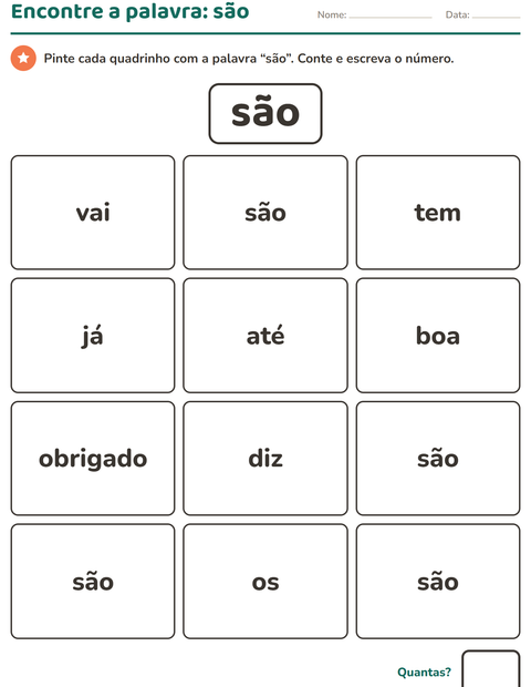 Pré-visualização da ficha de Palavras frequentes para Educação infantil (pré-escola, 5-7 anos)
