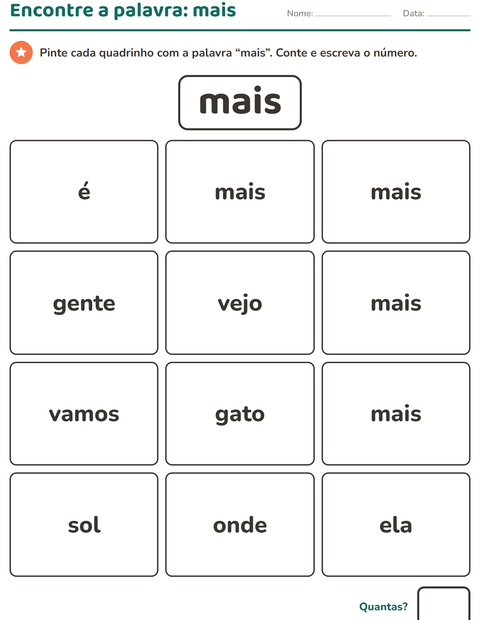 Pré-visualização da ficha de Palavras frequentes para Educação infantil (pré-escola, 5-7 anos)
