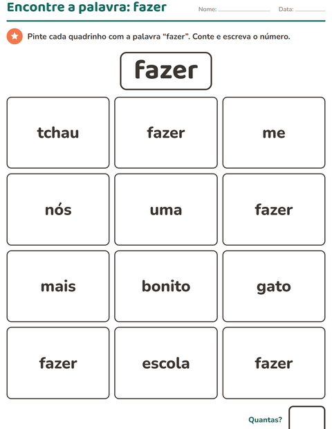 Pré-visualização da ficha de Palavras frequentes para Educação infantil (pré-escola, 5-7 anos)