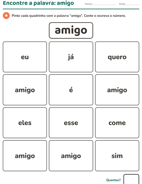 Pré-visualização da ficha de Palavras frequentes para Educação infantil (pré-escola, 5-7 anos)