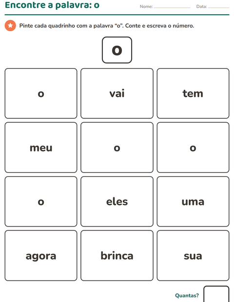 Pré-visualização da ficha de Palavras frequentes para Educação infantil (pré-escola, 5-7 anos)