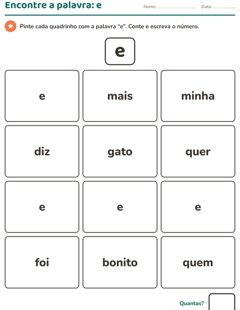 Pré-visualização da ficha de Palavras frequentes para Educação infantil (pré-escola, 5-7 anos)