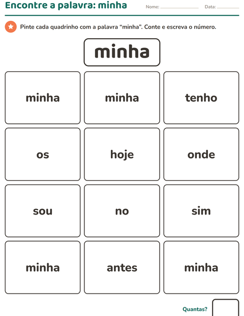 Pré-visualização da ficha de Palavras frequentes para Educação infantil (pré-escola, 5-7 anos)