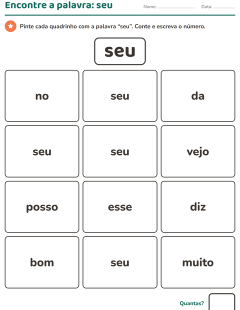 Pré-visualização da ficha de Palavras frequentes para Educação infantil (pré-escola, 5-7 anos)