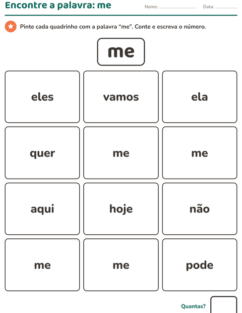 Pré-visualização da ficha de Palavras frequentes para Educação infantil (pré-escola, 5-7 anos)