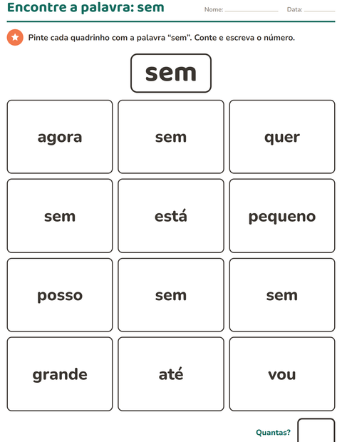 Pré-visualização da ficha de Palavras frequentes para Educação infantil (pré-escola, 5-7 anos)