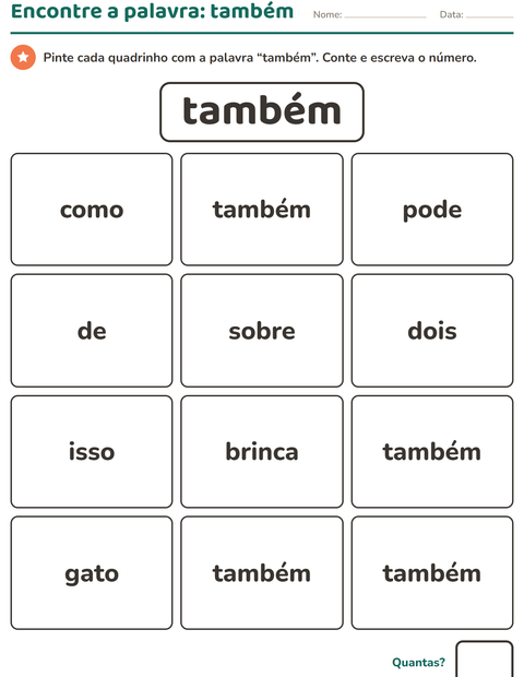 Pré-visualização da ficha de Palavras frequentes para Educação infantil (pré-escola, 5-7 anos)